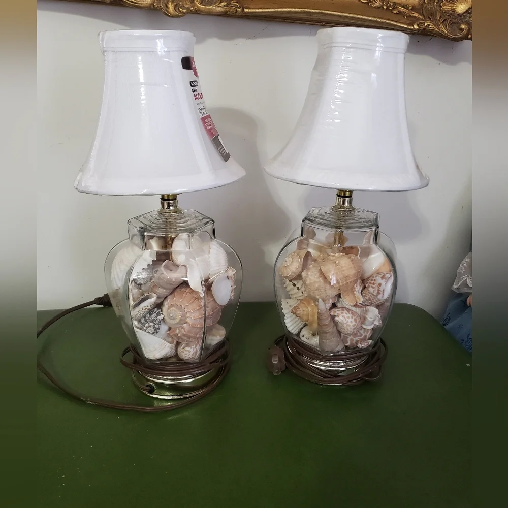 X2 Coastal Nautical Seashell Shell In Glass Table Lamps with White Shades